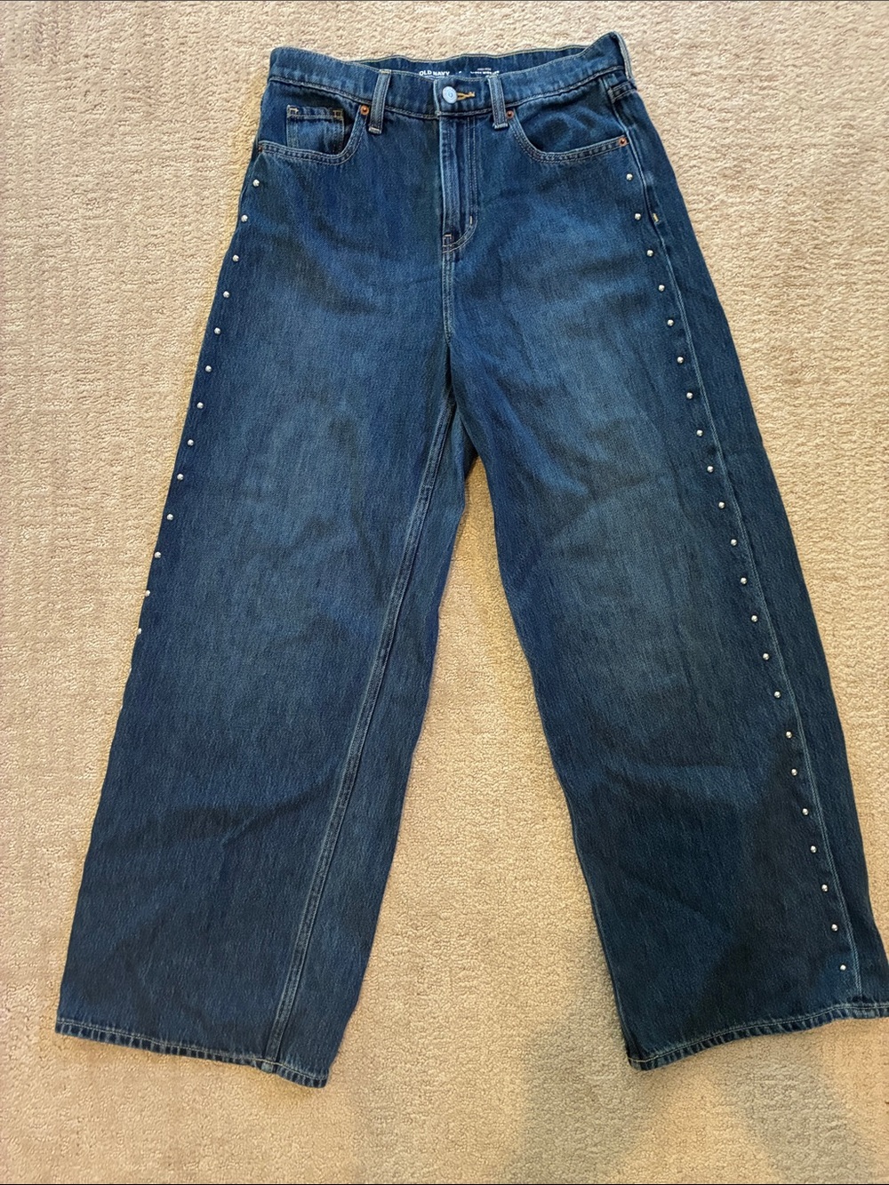 High-Rise Dark Blue Wide-Leg Jeans with Side Stud Detail